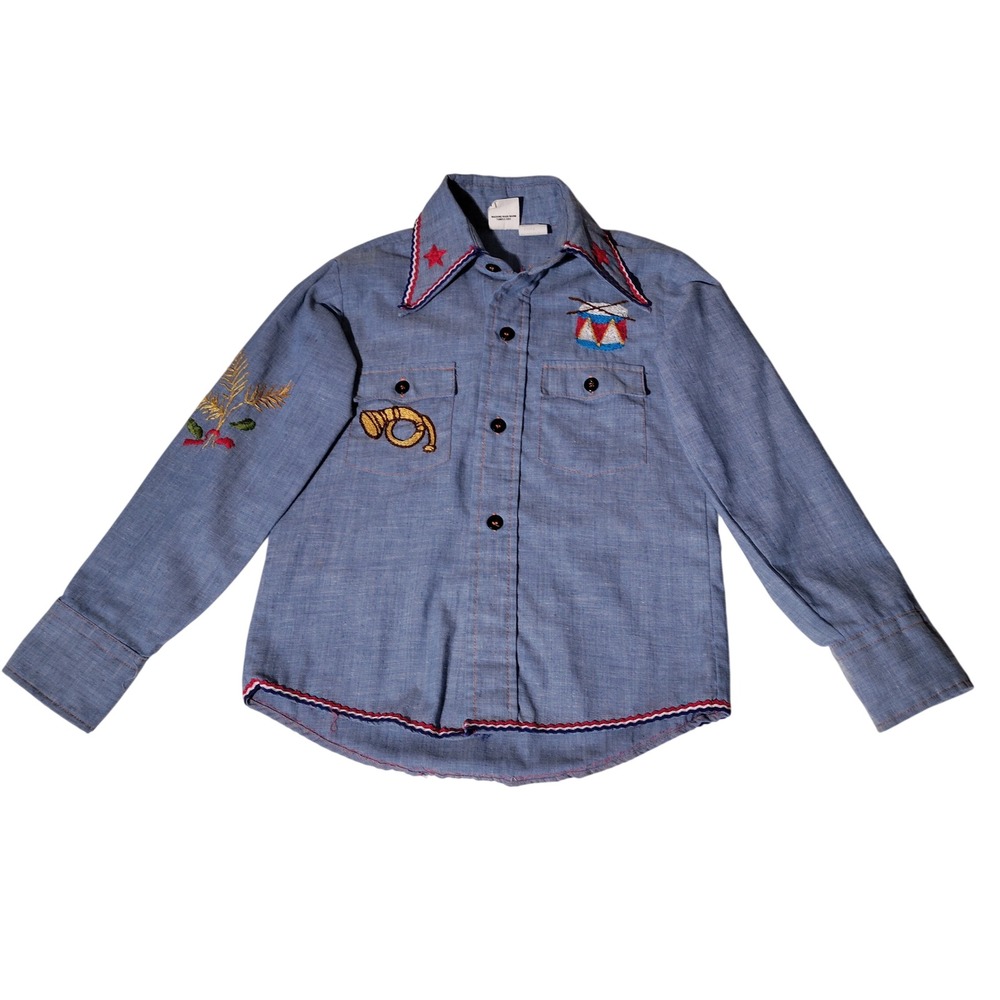 Sears Perma-Prest Boy 8 Blue Embroidered Bicentennial USA Shirt 70s Vtg Eagle